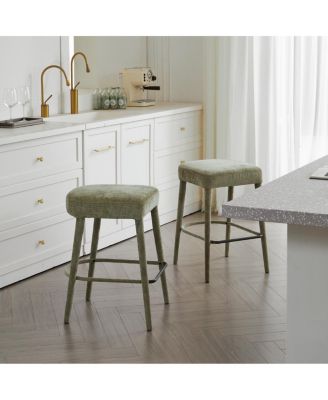 Backless Light Green Upholstered Fabric Bar Stool - Padded Seat, Sturdy Legs, Footrest