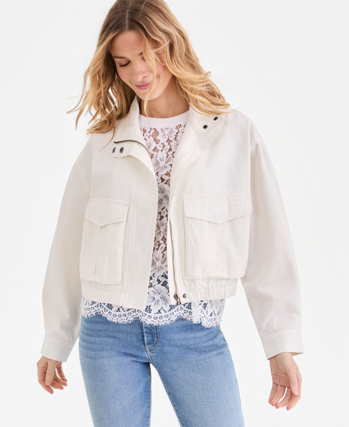 I.n.c. International Concepts Women’s Denim Bomber Jacket, Macy’s Exclusive – Ecru Wash