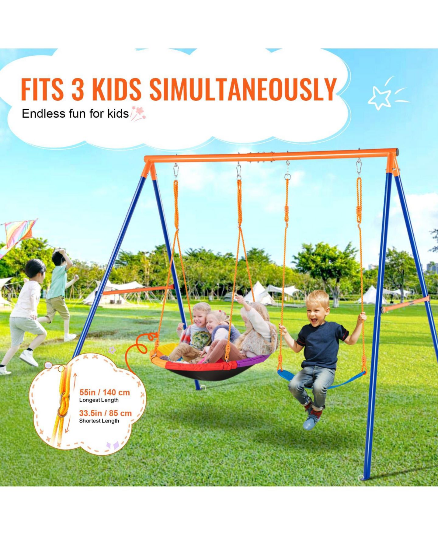 Детские игрушки Mecale A-Frame Metal Backyard Swing Set with Adjustable Ropes, 440 lbs, Ages 3+ — фото 7