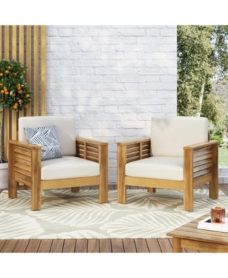 Set Of 2 Acacia Wood Club Chairs With Cushions