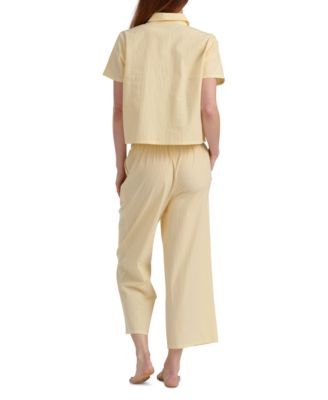 Women's Cropped Button Down Shirt and Pajamas, 2-Piece Set