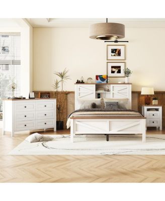 3-Piece Farmhouse Full Bed Set w/ Sliding Door Headboard, Nightstand & Dresser