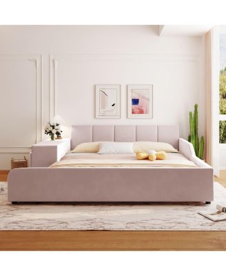  Queen Size Upholstered Grounded Bed with Bedside Desk and Stool