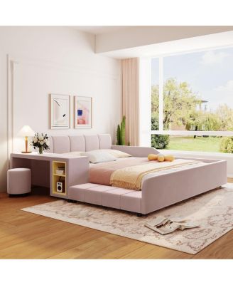  Queen Size Upholstered Grounded Bed with Bedside Desk and Stool