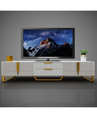 Streamdale White TV Console with Carved Design, Metal Legs, Large Storage