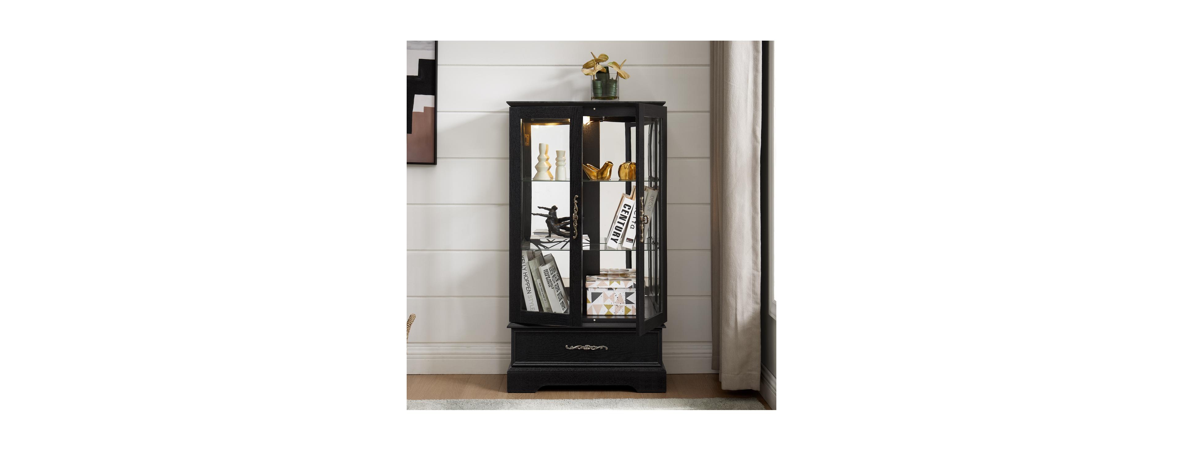 Streamdale Furniture Lighted Glass Curio Cabinet with Adjustable Shelves - Black