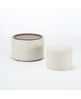 Streamdale Ball & Cast Nesting Storage Ottomans (2-pc), Linen Upholstered w/Wood Tray, Beige