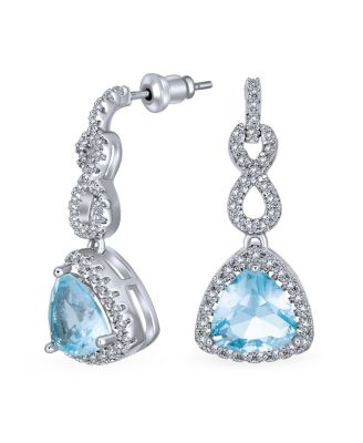 5CT Aqua Blue CZ Halo Cubic Zirconia Trillion Cut Infinity Chandelier Earrings Silver