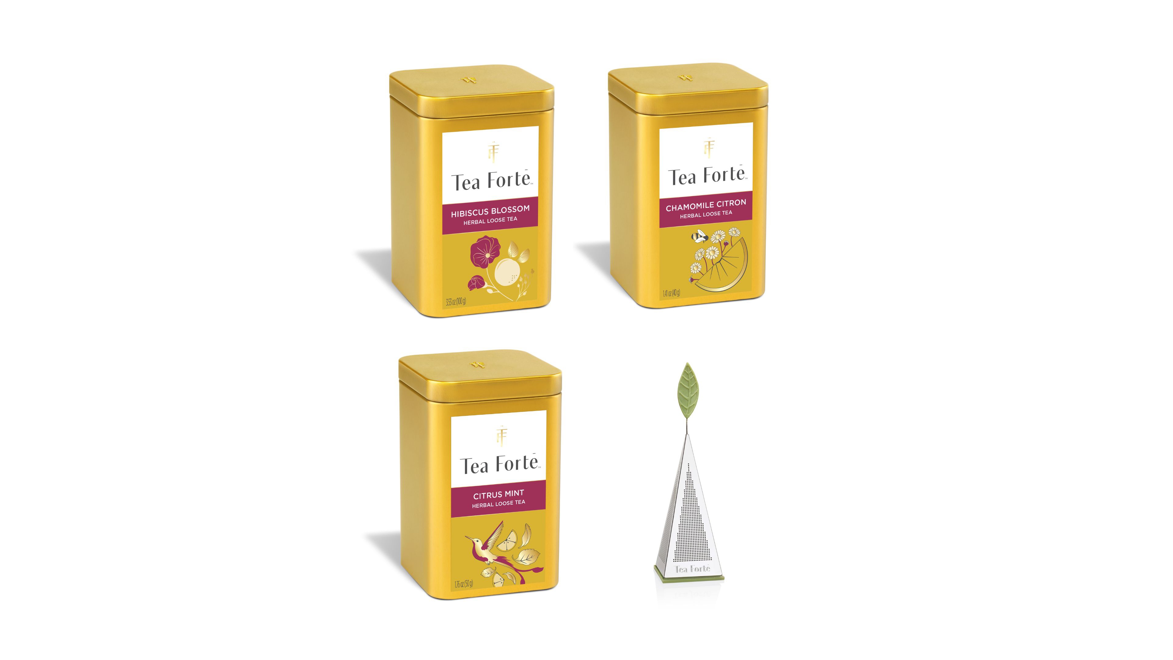 Tea Forte Loose Tea Bundle with 3 Loose Tea Canisters and Stainless Steel Infuser, 4-Pc.