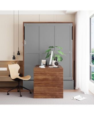 Full Size Murphy Bed with Foldable Desk &acirc;€“ Space Saving Wall Bed - Walnut & Gray