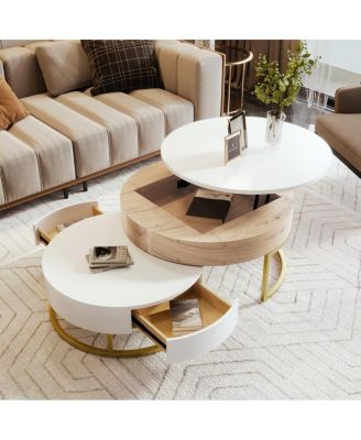 Modern Round Lift-top Nesting Coffee Tables with 2 Drawers