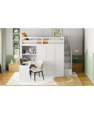 Full Size Loft Bed with Wardrobe, Desk and Shelves