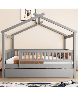 Full Size Wooden House Bed with Twin Size Trundle