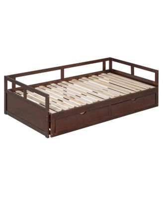 Wooden Daybed with Trundle and Storage Drawers, Extendable Sofa Bed