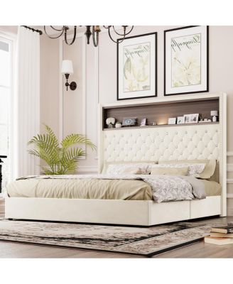 Queen Size Velvet Tufted Bed Frame with USB & Night Light