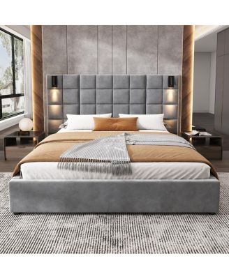 Queen Size Velvet Upholstered Bed Frame with USB Port