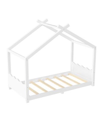 Twin House Floor Bed with Slats, Solid Wood House Bed Frame for Kids, White