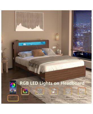 Wood Platform Bed Frame Full Size with Storage Drawers & LED Headboard