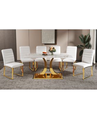 Streamdale Marble patterned glass dining set with gold decor: 63" table + 6 chairs