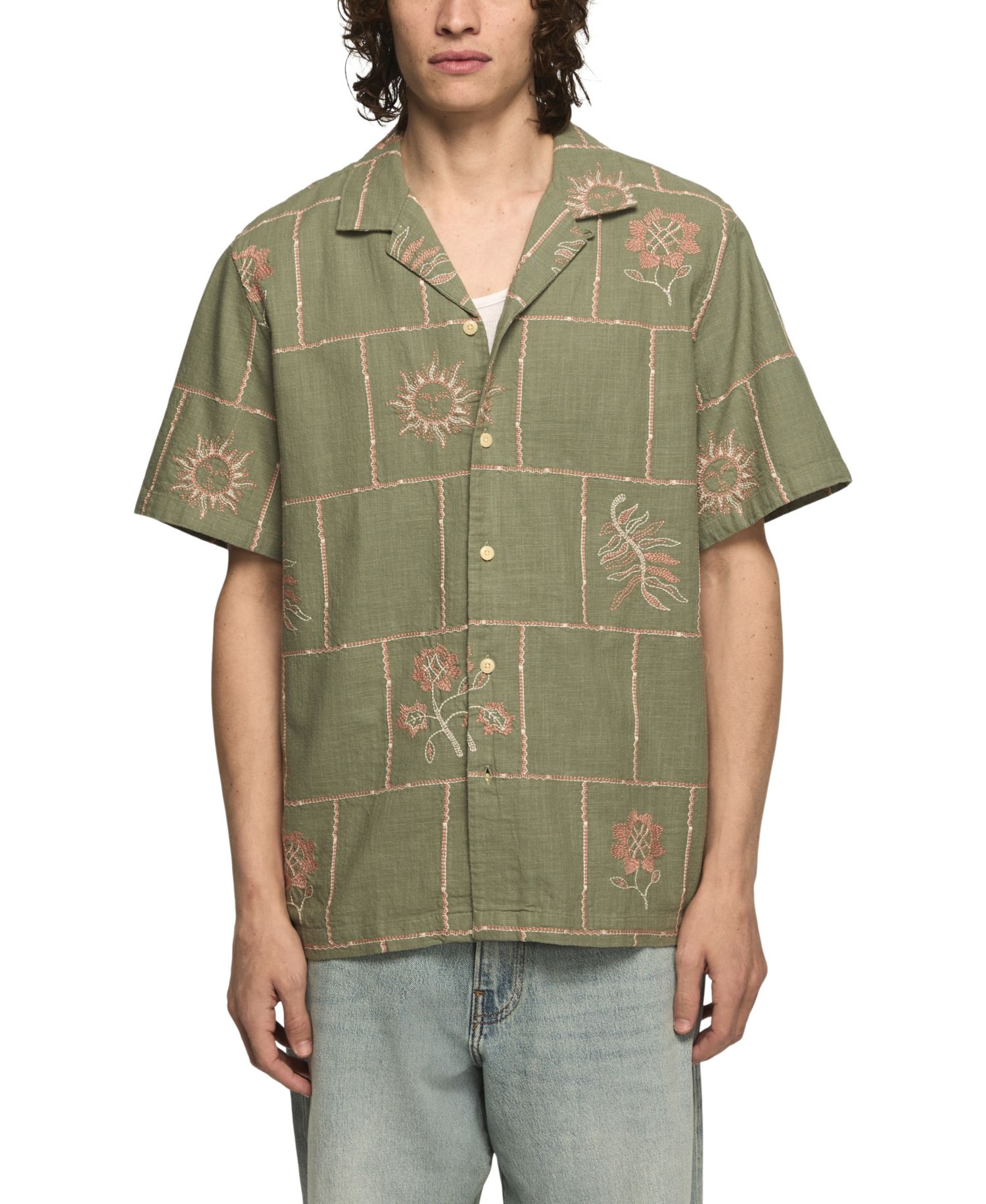 Men's Novelty Embroidered Boxy Camp Collar Shirt