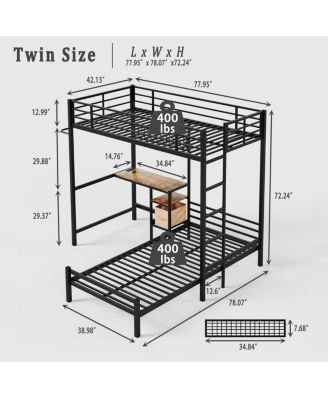 Bunk Bed Twin Over Twin with Desk, Storage, Lighting