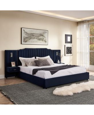 King Size Velvet Upholstered Bed Frame with Vertical Stripes & Headboard