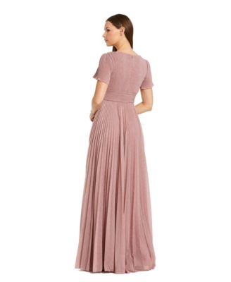 Women's Pleated Metallic Flutter Sleeve V-Neck A-Line Gown