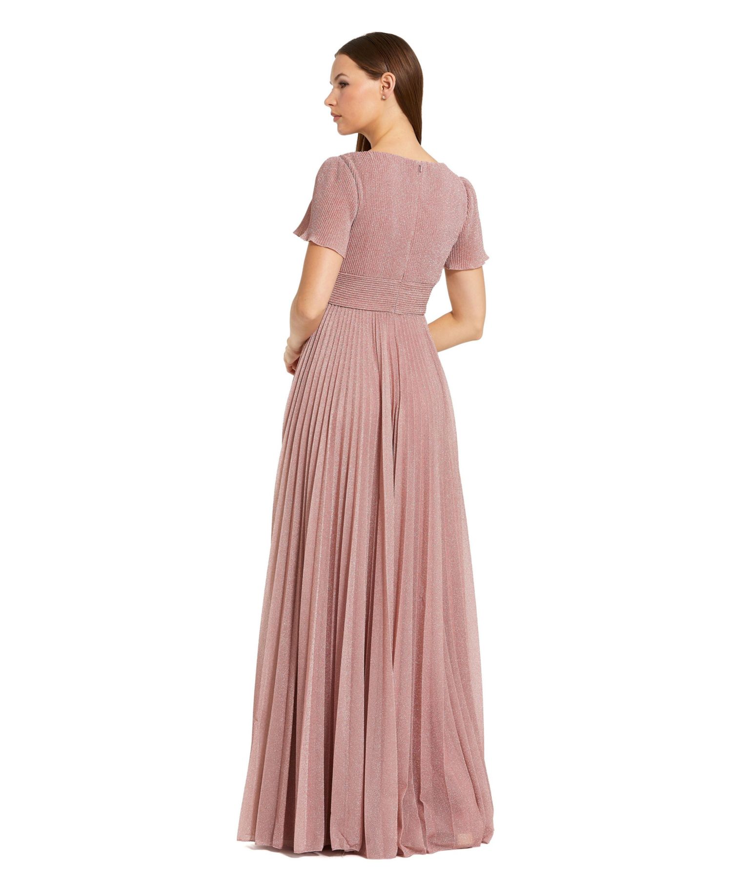 Women's Pleated Metallic Flutter Sleeve V-Neck A-Line Gown