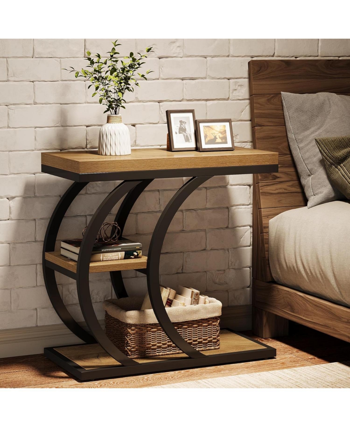 Tribesigns End Table for Living Room Set of 2, 3-Tier Narrow Wood Couch C-Shaped Side Table with Storage, Industrial Nightstand