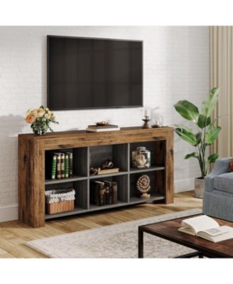 63-Inch Long Console Table, Rustic Wood Entryway Table with 6 Storage Cubes, Industrial Narrow Sofa Table Behind Couch Table