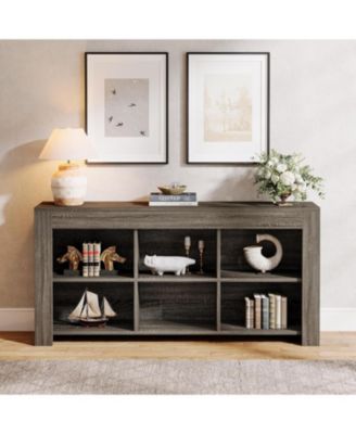 63-Inch Long Console Table, Rustic Wood Entryway Table with 6 Storage Cubes, Industrial Narrow Sofa Table Behind Couch Table