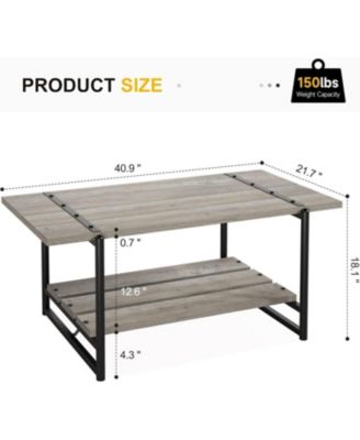 41" Large 2-Tier Gray Wood Coffee Table with Storage Shelf - Farmhouse Modern Rustic Metal Rectangle Center Living Room Coffee Table