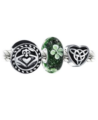 Lucky Green Clover & Knot Claddagh Charm Bead Set Sterling Silver for Bracelet