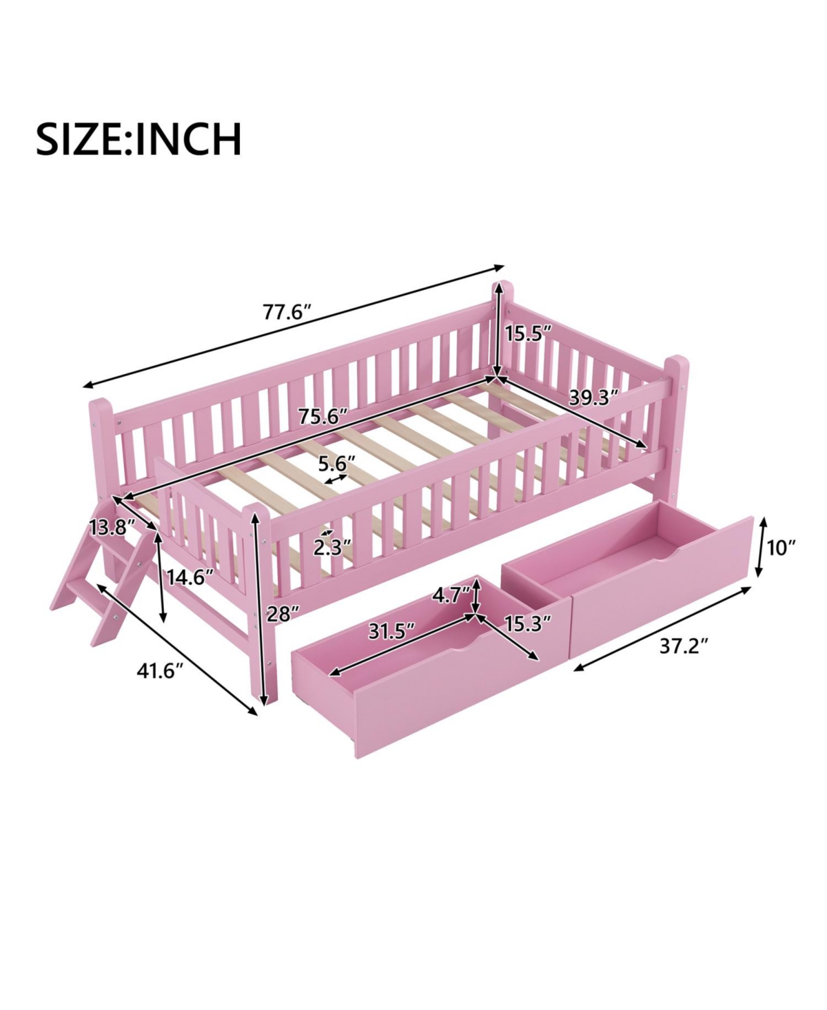 Streamdale Furniture Wood Twin Size Platform Bed with Guardrail and 2 Drawers