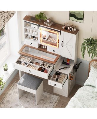 Farmhouse Vanity Desk with Sliding Mirror, Lights, Charging