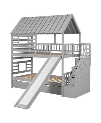 Twin over Twin House Bunk Bed with Trundle, Slide, Stairs, Roof, Window