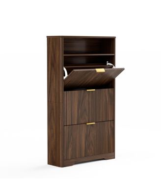 Walnut Shoe Cabinet with 3 Flip Drawers, 31.6" L x 9.6" W x 54.4" H