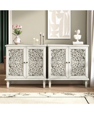 Vintage Carved 2-Door Accent Cabinet with Floral Design (Antique Gray White