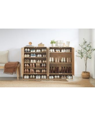 Streamdale Rattan Shoe Cabinet with Doors, 6-Tier Adjustable Shelves, Oak, 31.5"W x 13.8"D x 41"H.