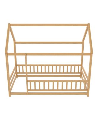 Twin Size Floor Wooden Bed with House Roof Frame, Fence Guardrails