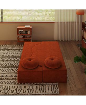 Modern Floor Sofa with 2 Pillows, Convertible Plush Corduroy Sleeper Sofa Bed