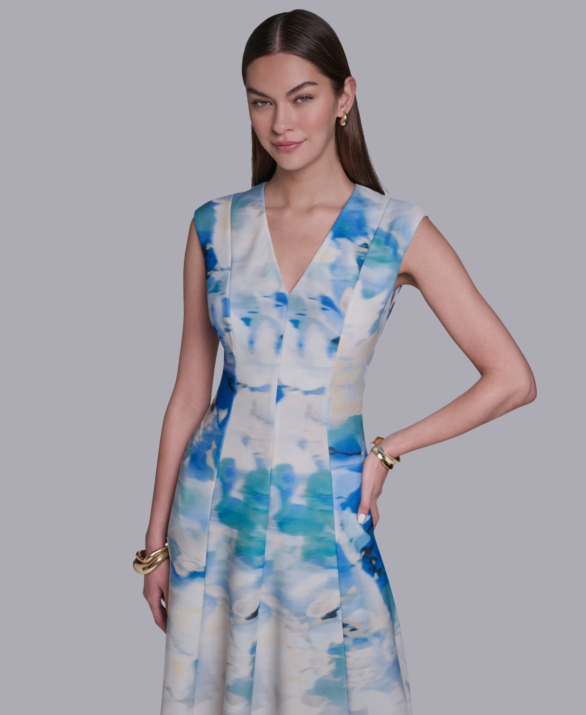 Halston Women's V-Neck Cap-Sleeve Midi Dress