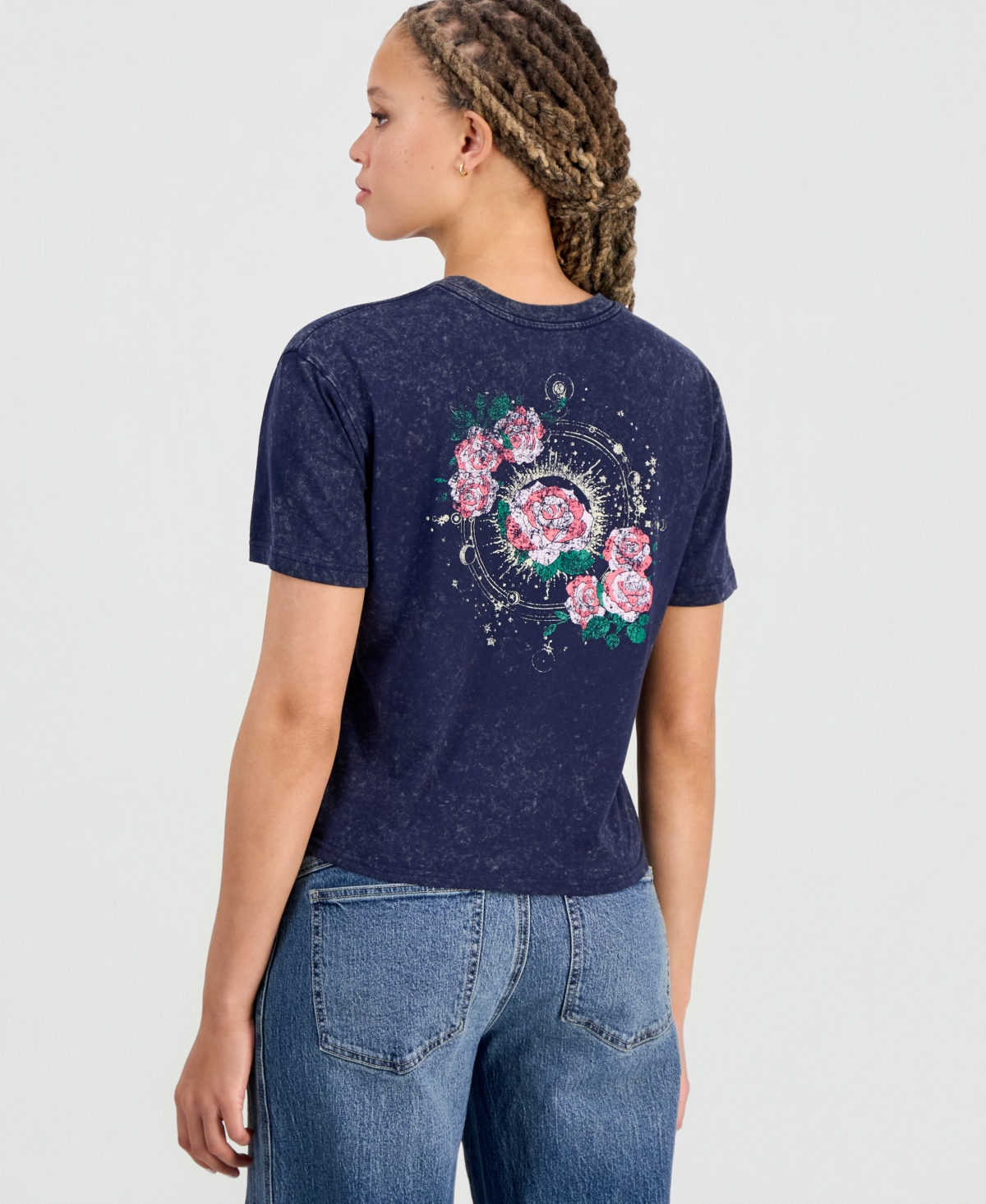 Rebellious One Juniors' Rose Graphic Mineral Wash T-Shirt