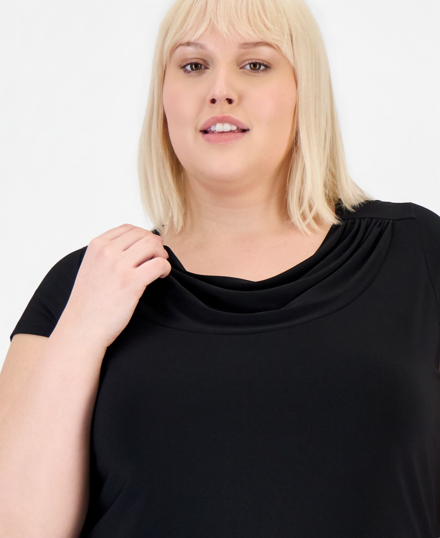 Plus Size Stretch Knit Short-Sleeve Cowl-Neck Top