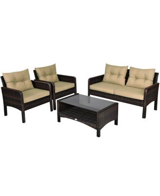4PCS Patio Rattan Loveseat Seating Set with Cushioned Chairs