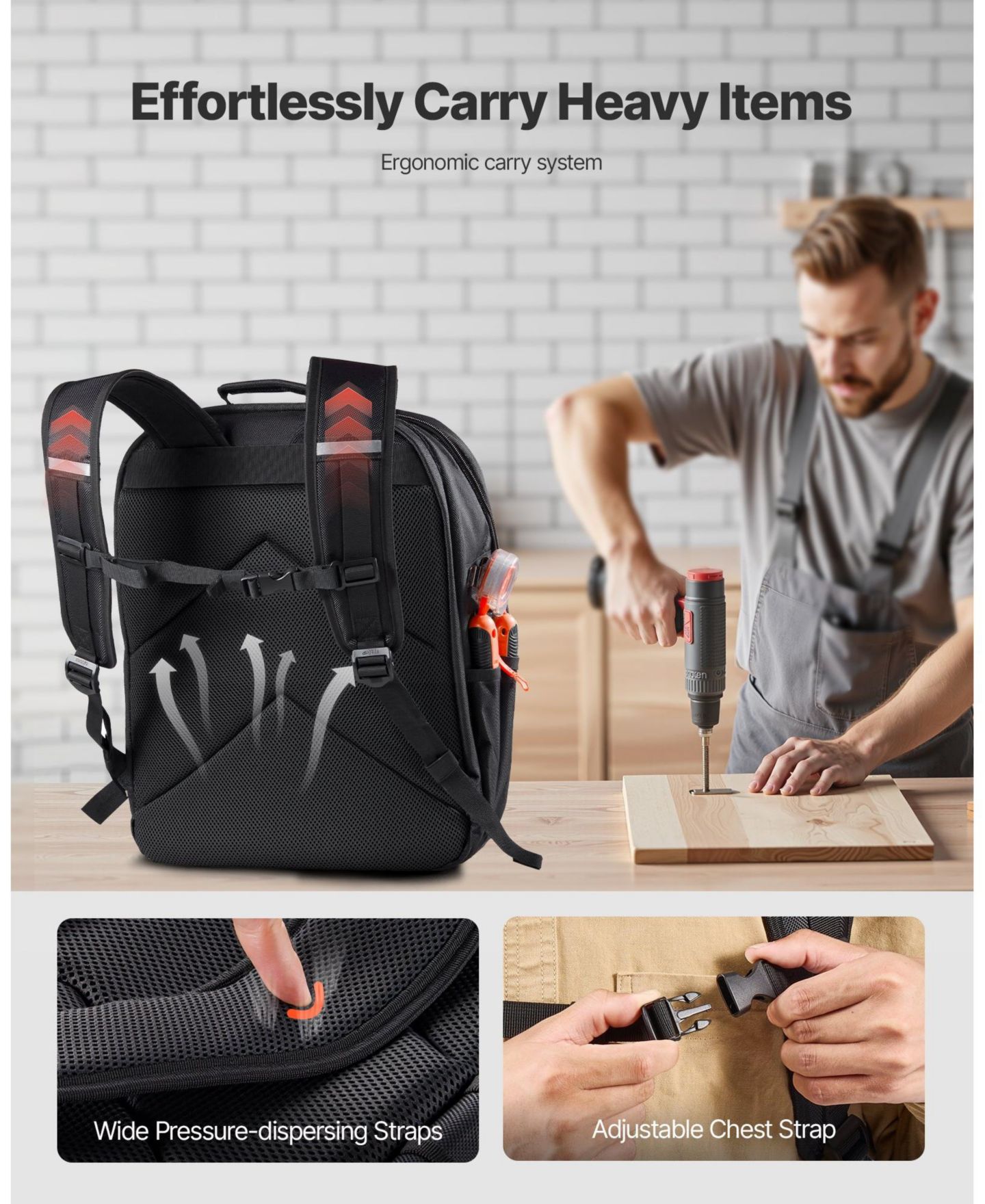 Рюкзак Mecale Tool, 45 Pockets, Heavy-Duty Tool Organizer with Laptop Compartment & Reinforced Fabric Base, Electrician Jobsite Bag, цвет: Чёрный — фото 6