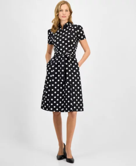 Women's Dot Print Collared Shirtdress, Regular & Petite - Black/Lily White