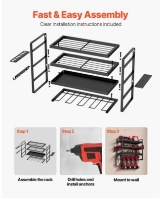 Wall-Mount Power Tool Organizer, 4-Tier Storage Rack with 4 Drill Holders, Screwdriver Holder, Garage Tool Storage Rack