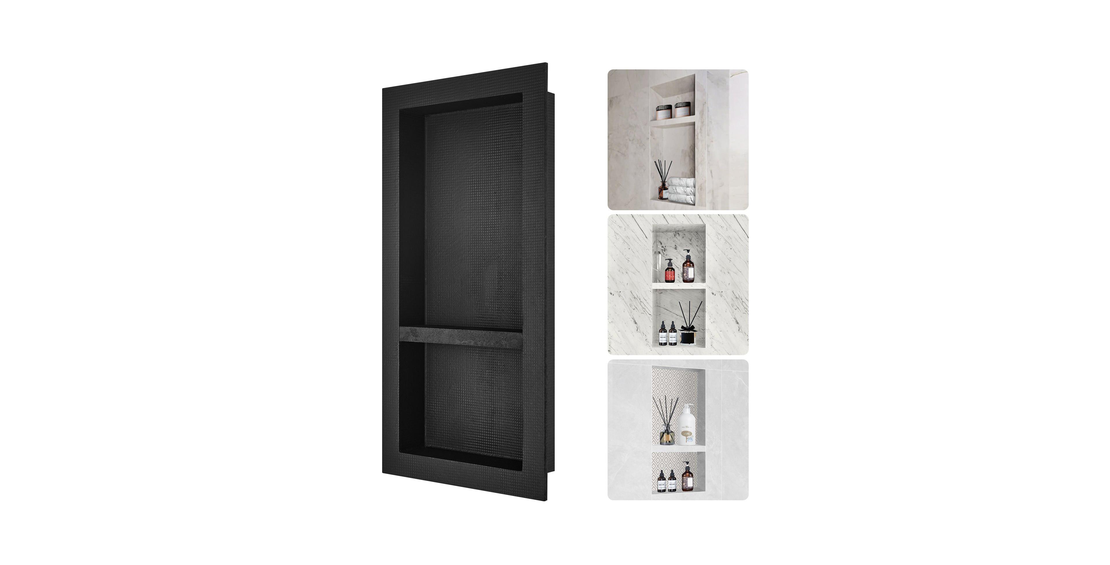 Volenca Shower Niche, Ready for Tile, 16" x 32", Double Shelf, Recessed Wall Insert, Sealed Waterproof, Square Corners, Black