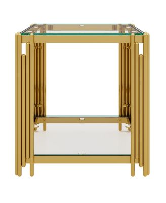 Modern Black Mirror End Table with Gold Finish & Lower Shelf, 19.9